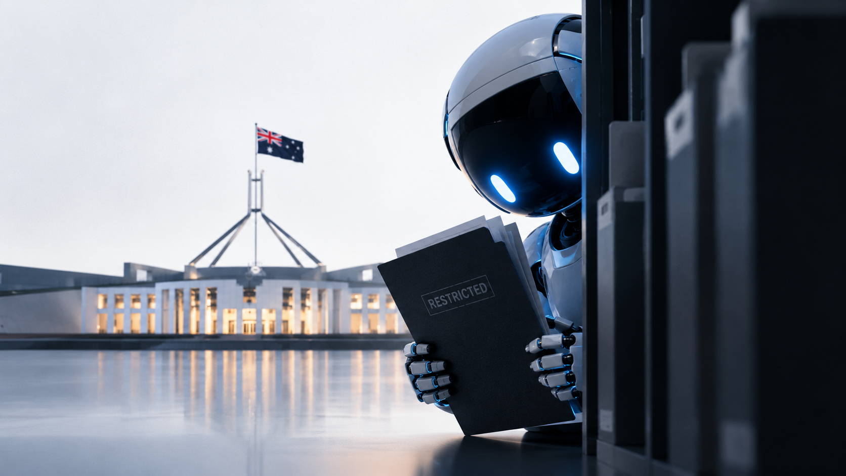 Robô de inteligência artificial segura documento restrito diante do Parlamento da Austrália, representando acesso não autorizado a sistemas governamentais.