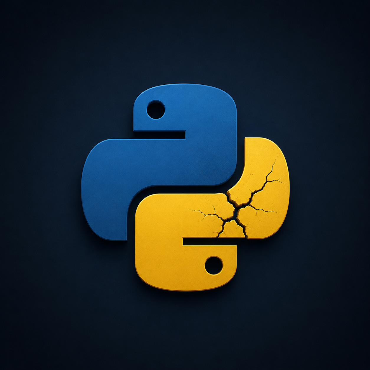 Ilustração minimalista da logo do Python com rachaduras simbolizando uma vulnerabilidade crítica de segurança e risco de execução remota de código (RCE).