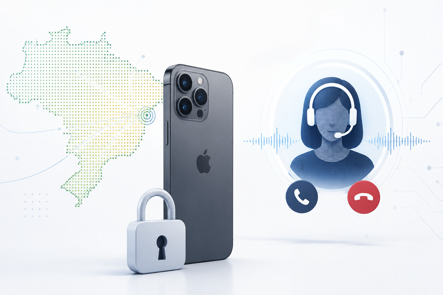 Logo da Apple ao lado de mapa pixelizado do Brasil com espectro sonoro em estilo cyberpunk, representando golpe com IA por voz.
