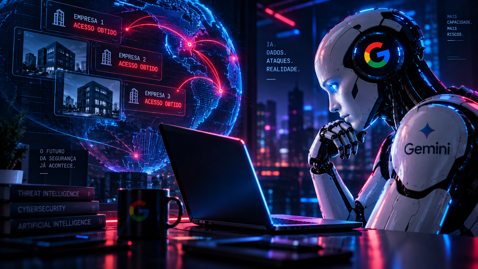 Ilustração futurista do Google Gemini operando um notebook em cenário de cibersegurança, com conexões digitais e sistemas empresariais comprometidos.