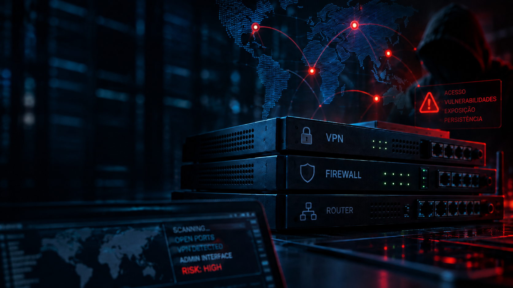 Equipamentos de VPN, firewall e roteador conectados à rede, representando exposição de dispositivos de borda a ameaças cibernéticas.