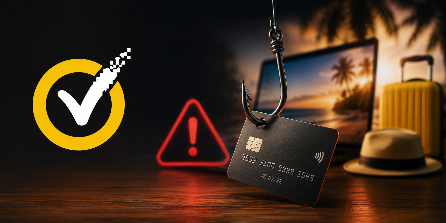 Logo da Norton ao lado de um cartão preso a um anzol, representando golpes digitais e fraudes online que cresceram em 2026.