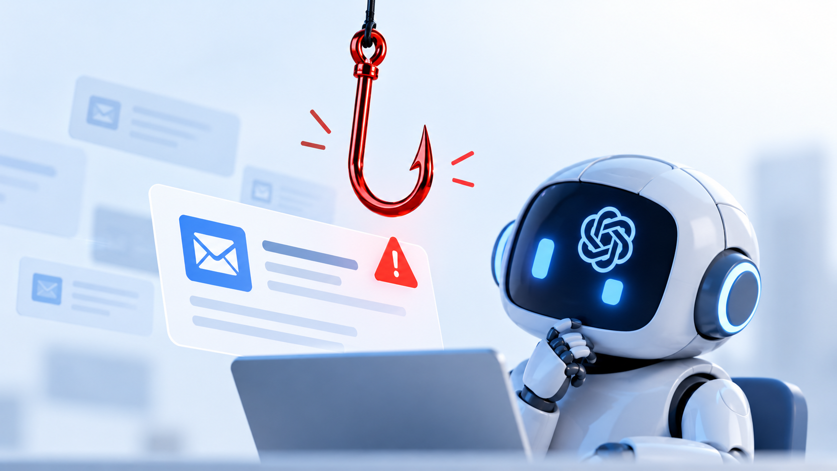 Assistente de inteligência artificial diante de um ataque de phishing, representado por um anzol vermelho e um alerta de e-mail suspeito.