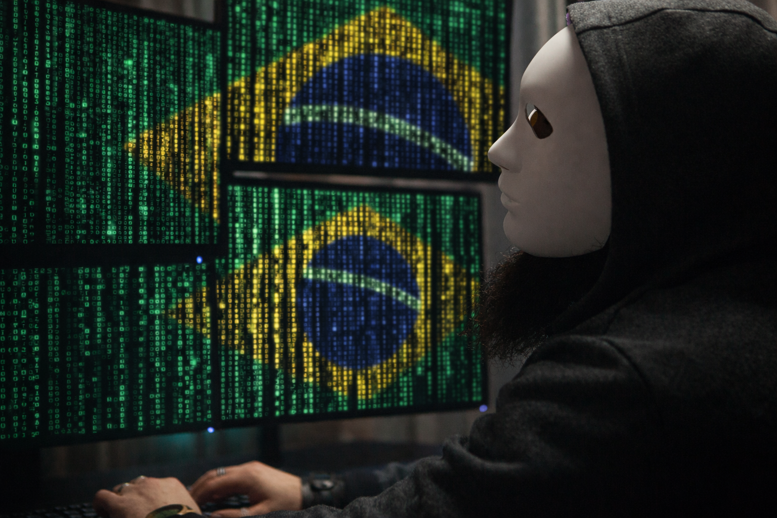Imagem gerada por inteligência artificial simulando a operação de um hacker com foco no Brasil.
