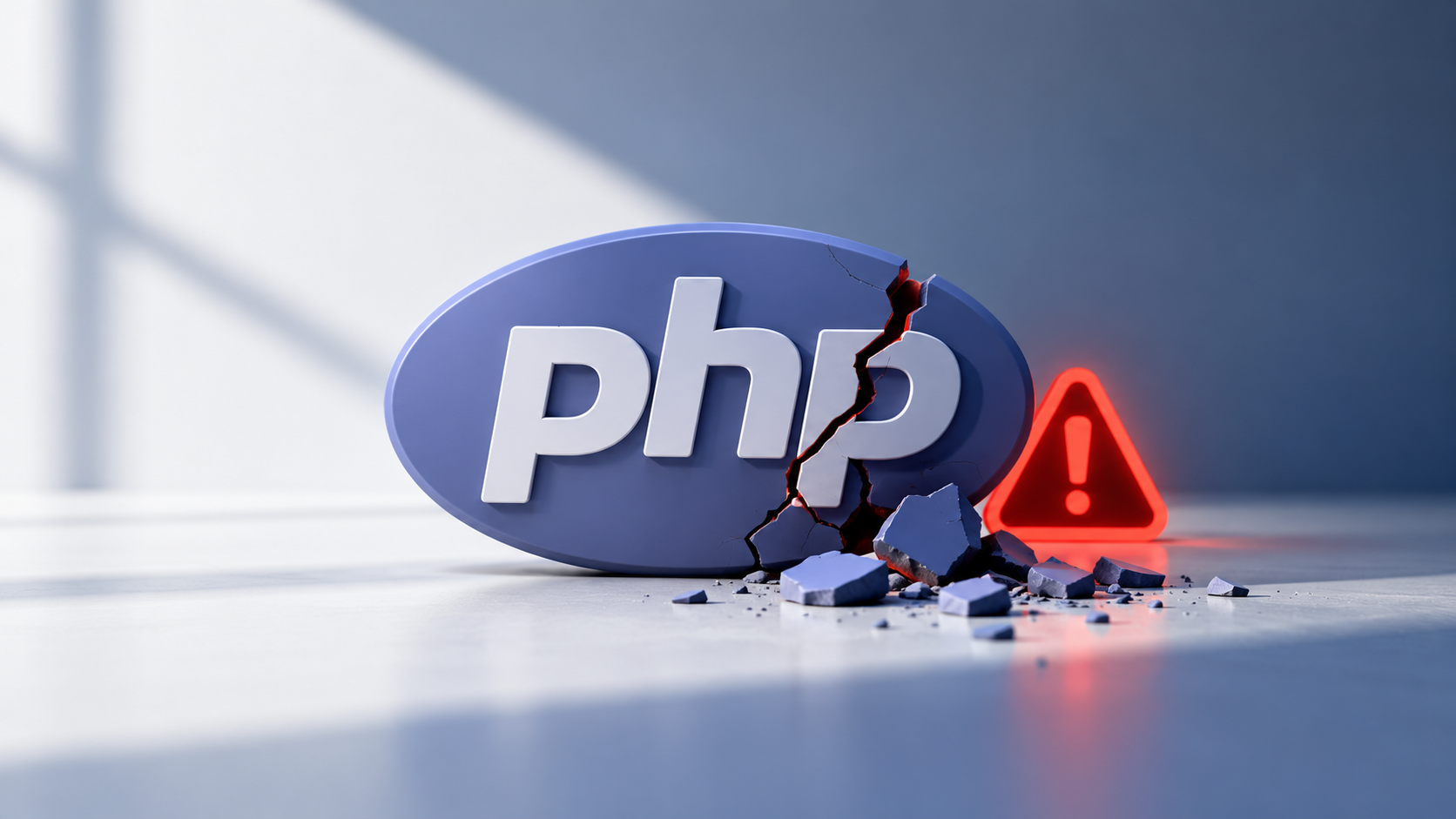 Logotipo do PHP com rachadura e símbolo de alerta vermelho, representando vulnerabilidades críticas de segurança descobertas por inteligência artificial.