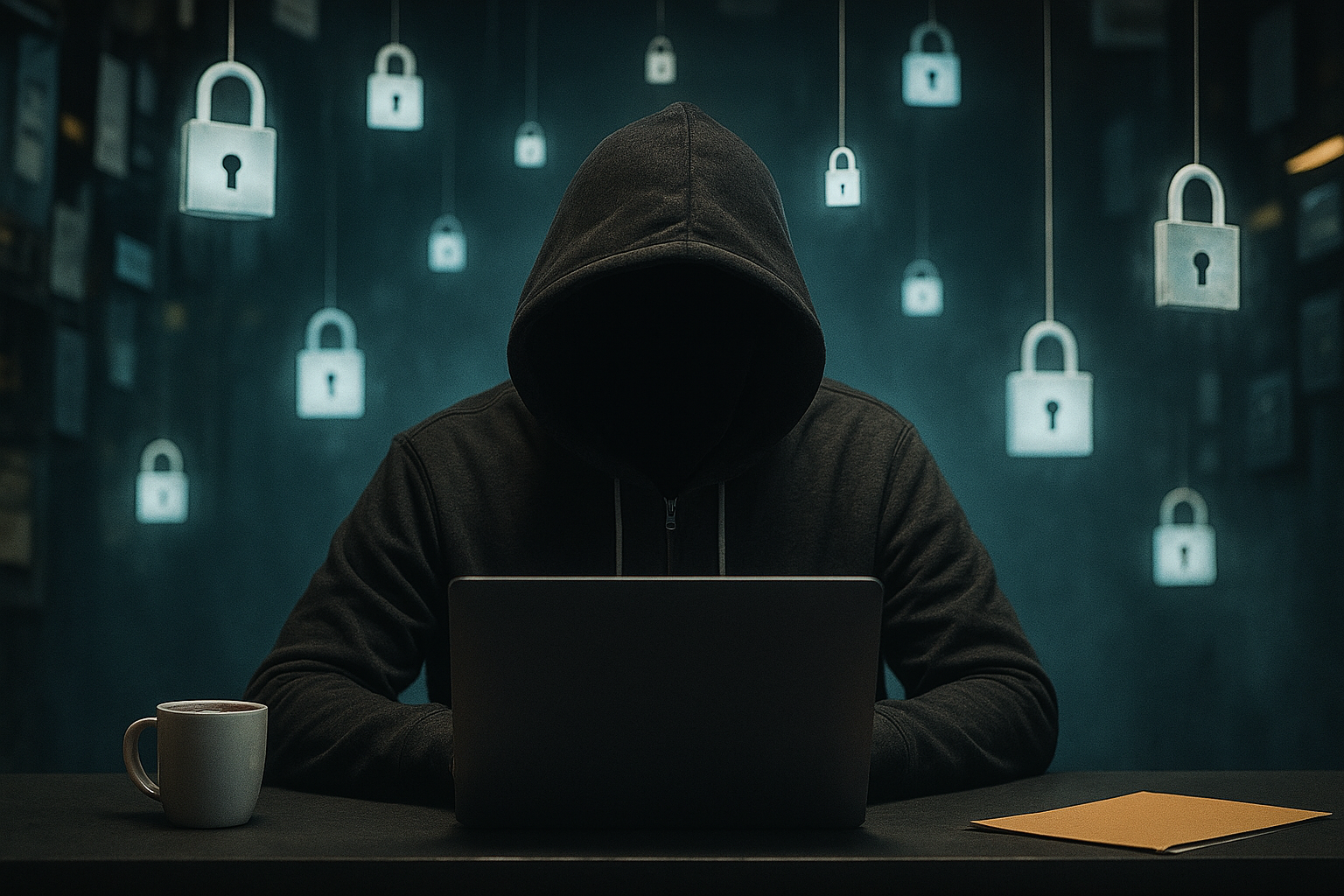 Hacker com capuz trabalha em um laptop em ambiente escuro - Simulando a ação de hackers