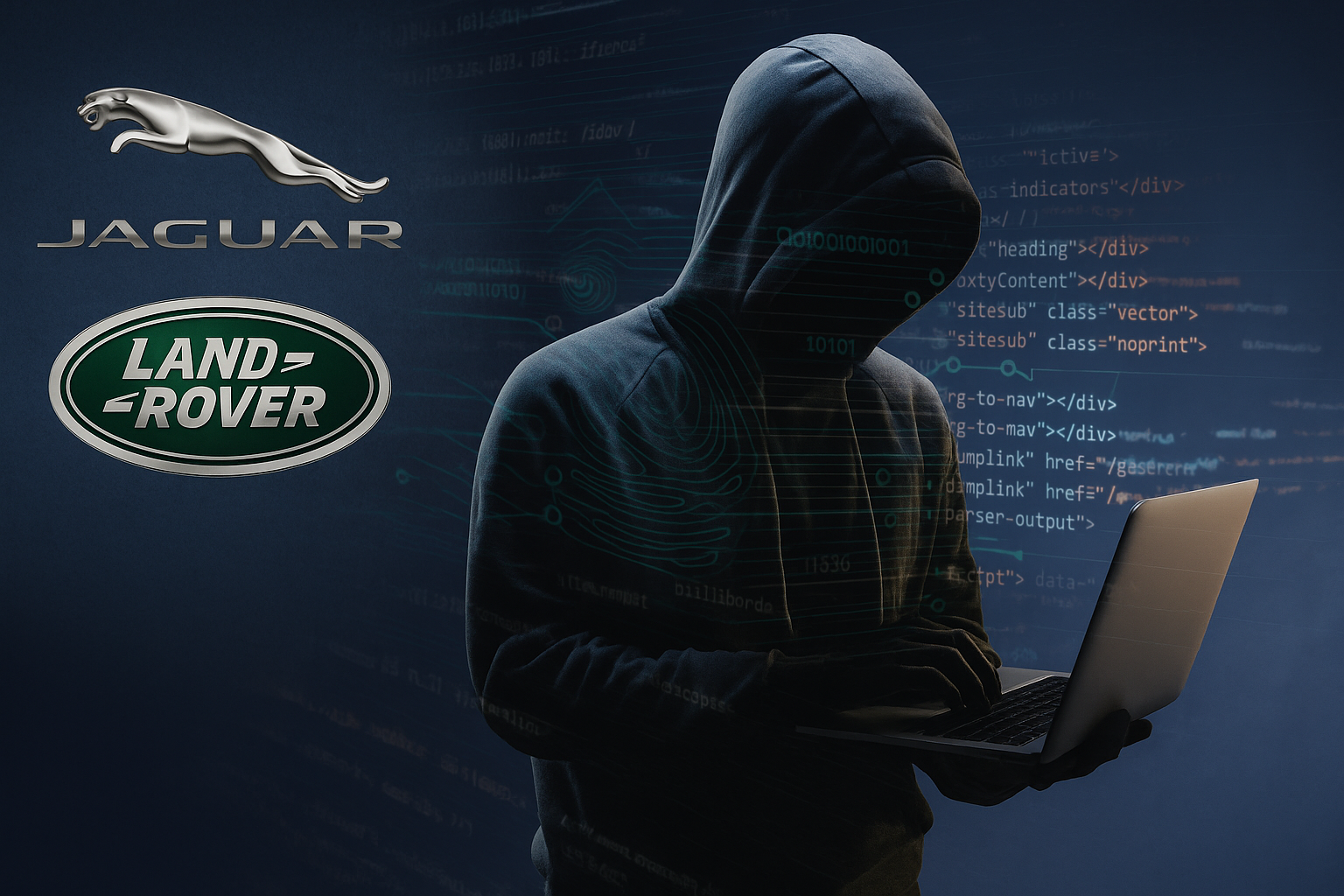 Hacker encapuzado usando notebook em um ambiente digital escuro, com códigos de programação projetados ao fundo e logotipos da Jaguar e Land Rover iluminados, simbolizando um ataque cibernético.