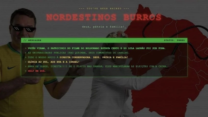 Captura de tela do site da Ancine após ataque hacker em outubro de 2026, exibindo mensagens ofensivas, conteúdo político e alterações não autorizadas.
