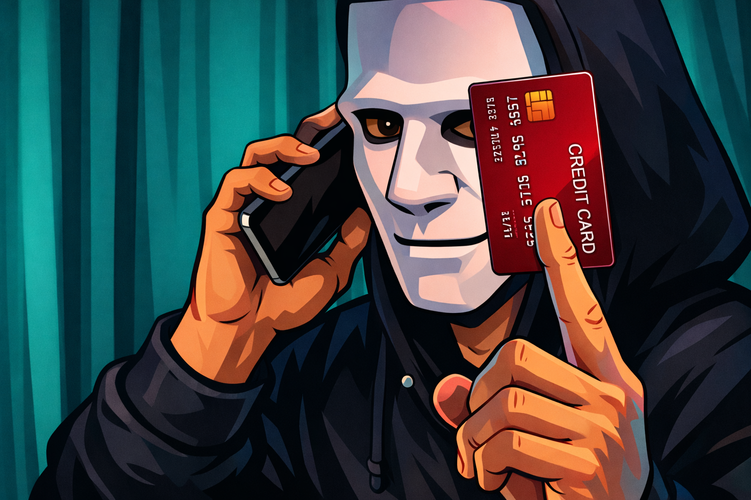 Imagem gerada por inteligência artificial simulando um hacker segurando um cartão de crédito fraudado.