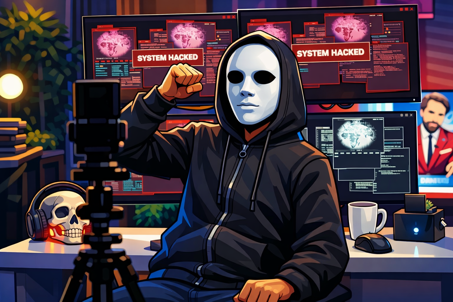 Imagem gerada por inteligência artificial simulando um hacker em seu ambiente de ataque.