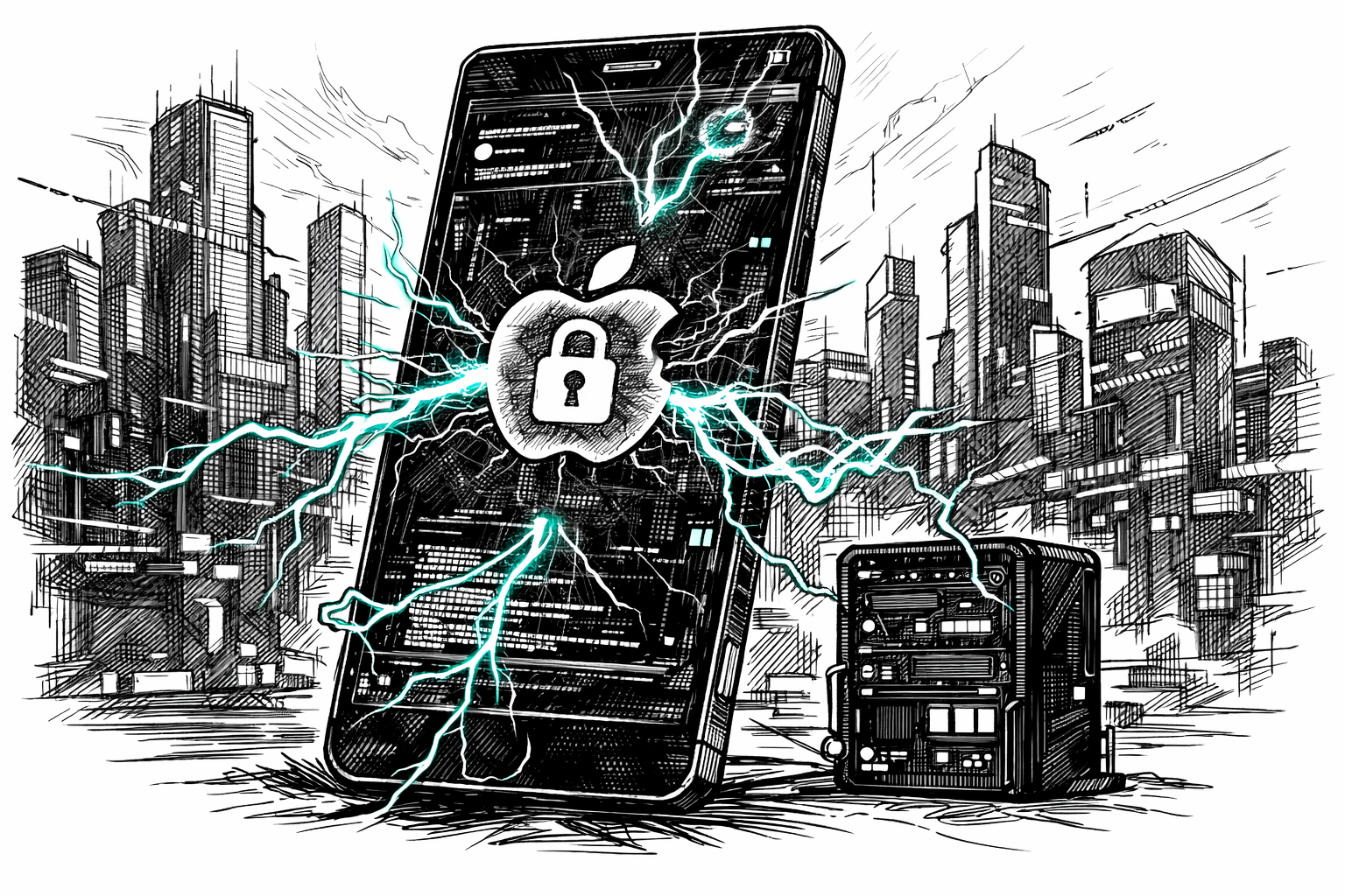 Imagem gerada por inteligência artificial simulando as vulnerabilidades exploradas no iPhone.