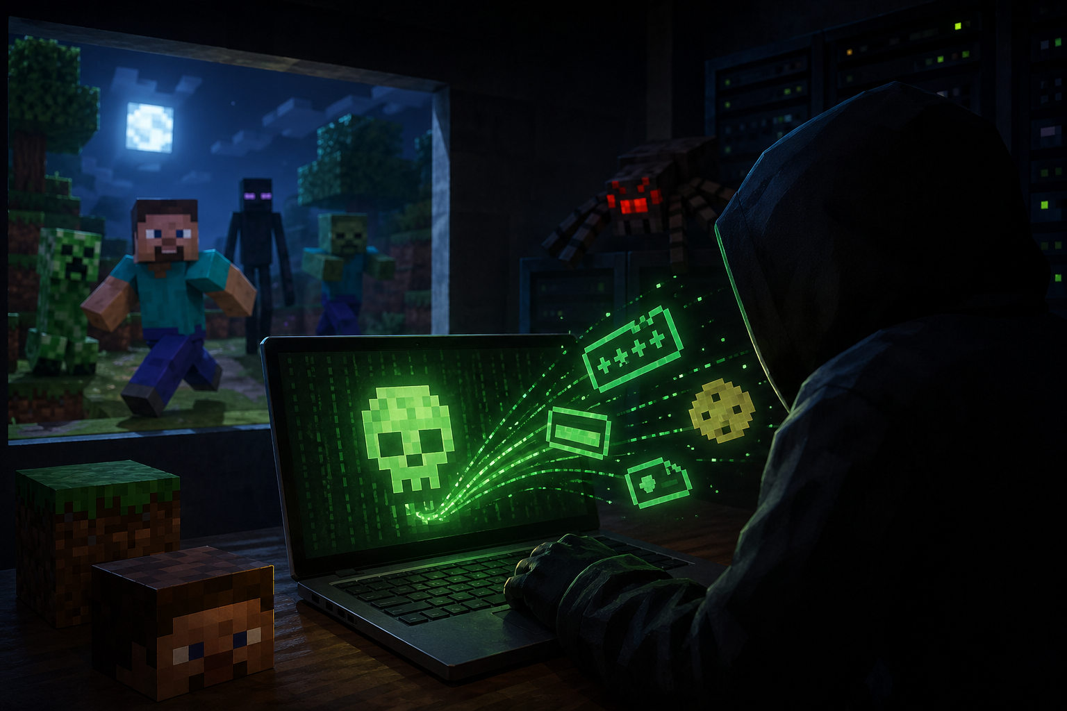 Imagem gerada por inteligência artificial simulando o ataque via Minecraft.