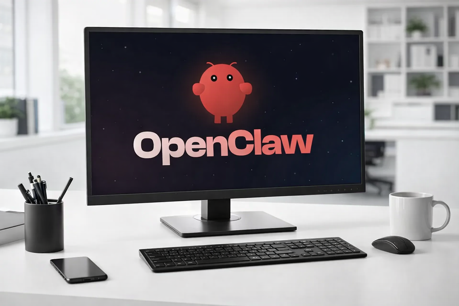 Imagem gerada por inteligência artificial de uma tela de computador com a logo do OpenClaw.