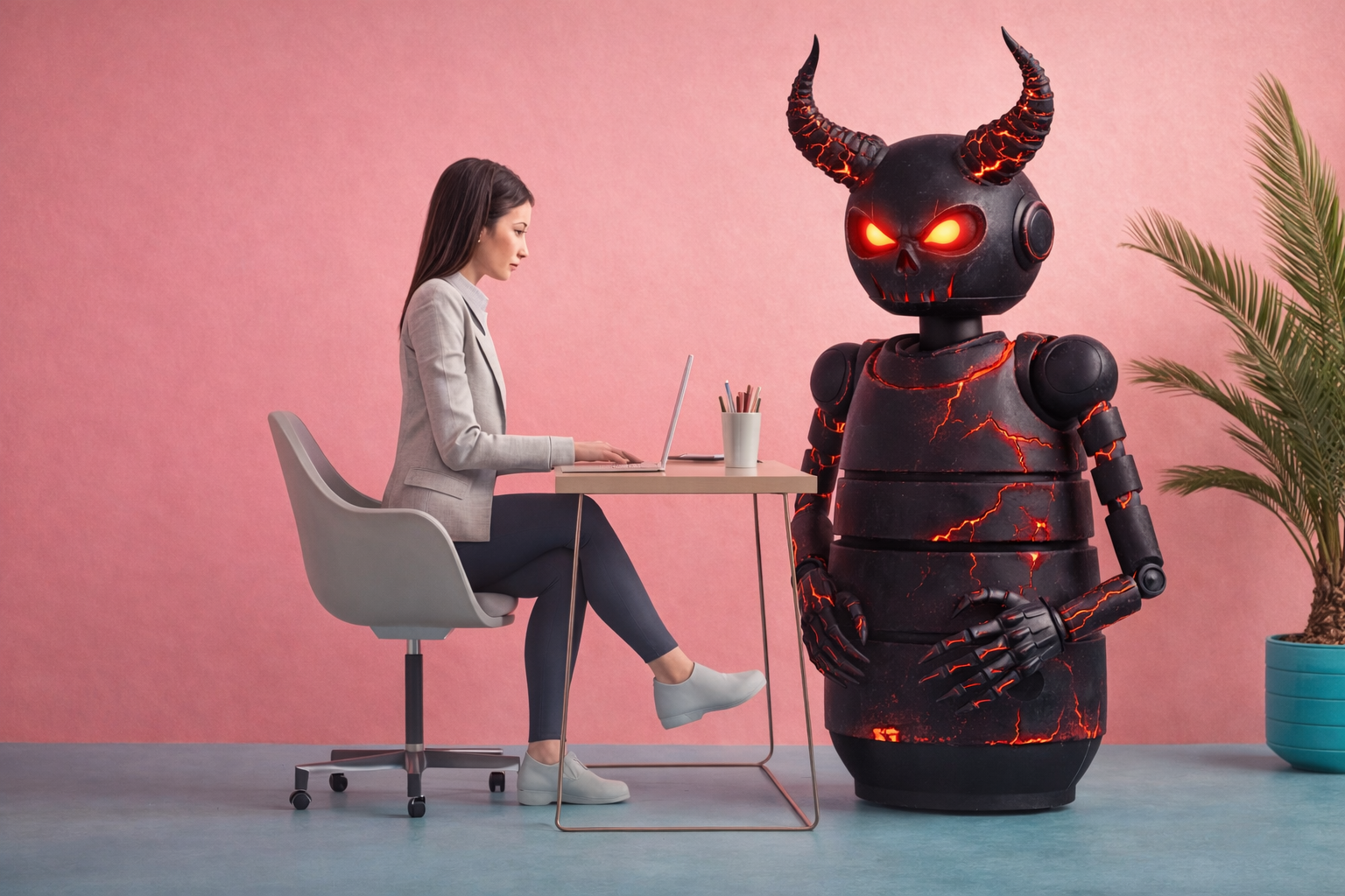 Mulher sentada em um escritório moderno usando um laptop, enquanto ao seu lado está um robô humanoide de aparência diabólica, com chifres e olhos brilhantes, contrastando com o ambiente profissional e minimalista.
