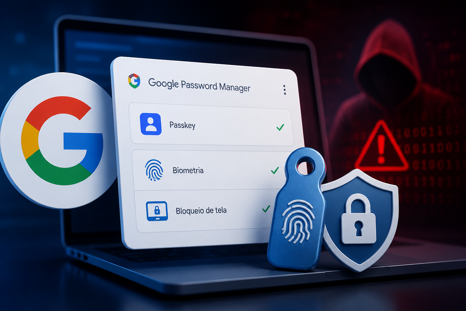 Google Password Manager com passkey e alerta de ameaça cibernética.