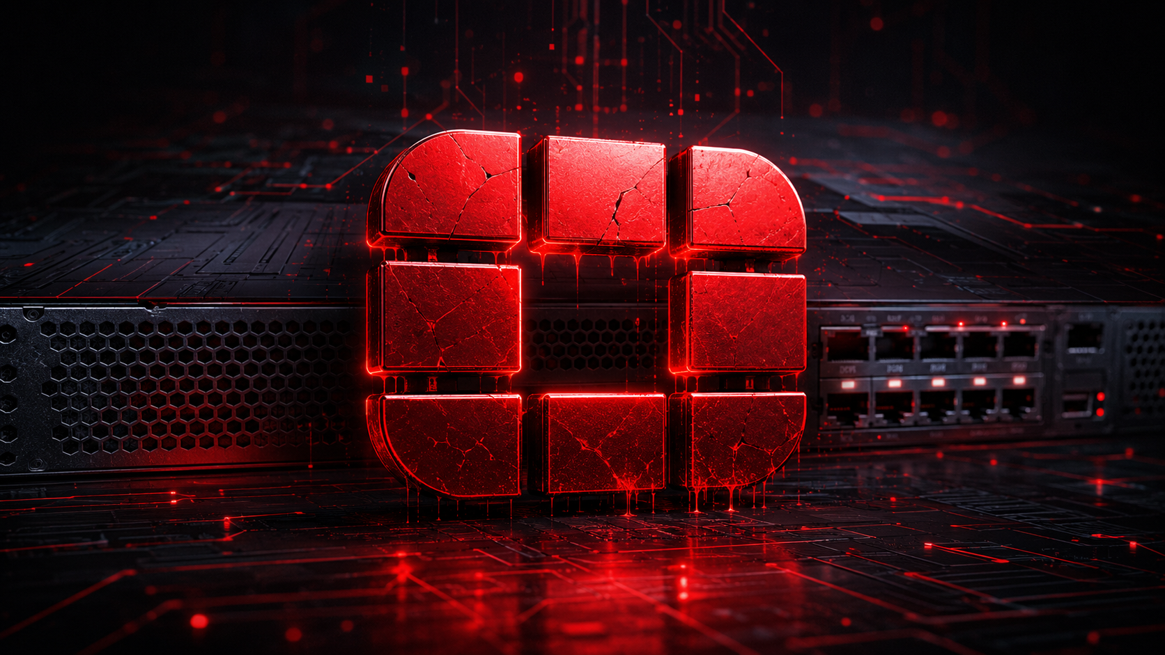 Firewall corporativo sob alerta de segurança representando o vazamento de credenciais FortiBleed.
