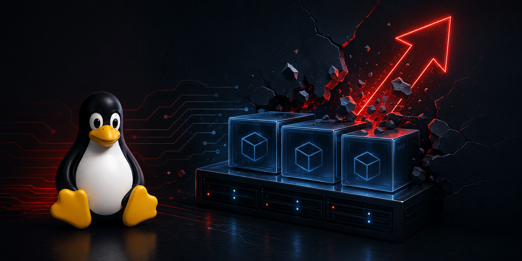 Pinguim do Linux ao lado de servidores virtuais, representando a falha Januscape no KVM.