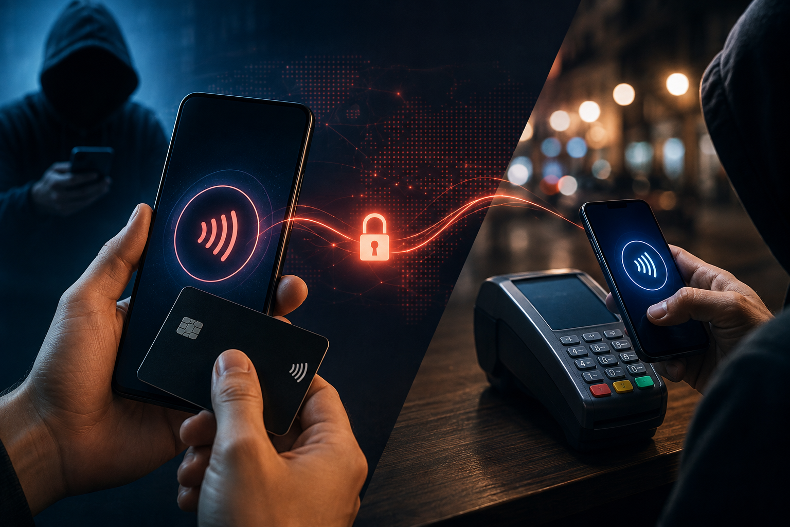 Ilustração de ataque WindRelay com smartphone, cartão por aproximação, terminal NFC e referência ao Brasil, representando fraude digital e interceptação de pagamentos.
