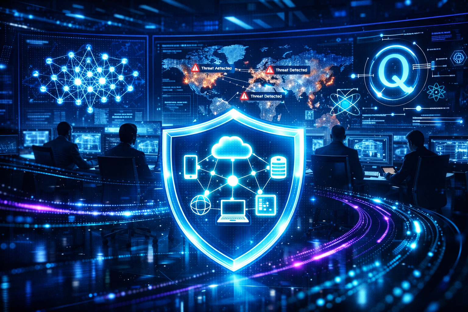 Imagem gerada por inteligência artificial reproduzindo um Security Operation Center (SOC)