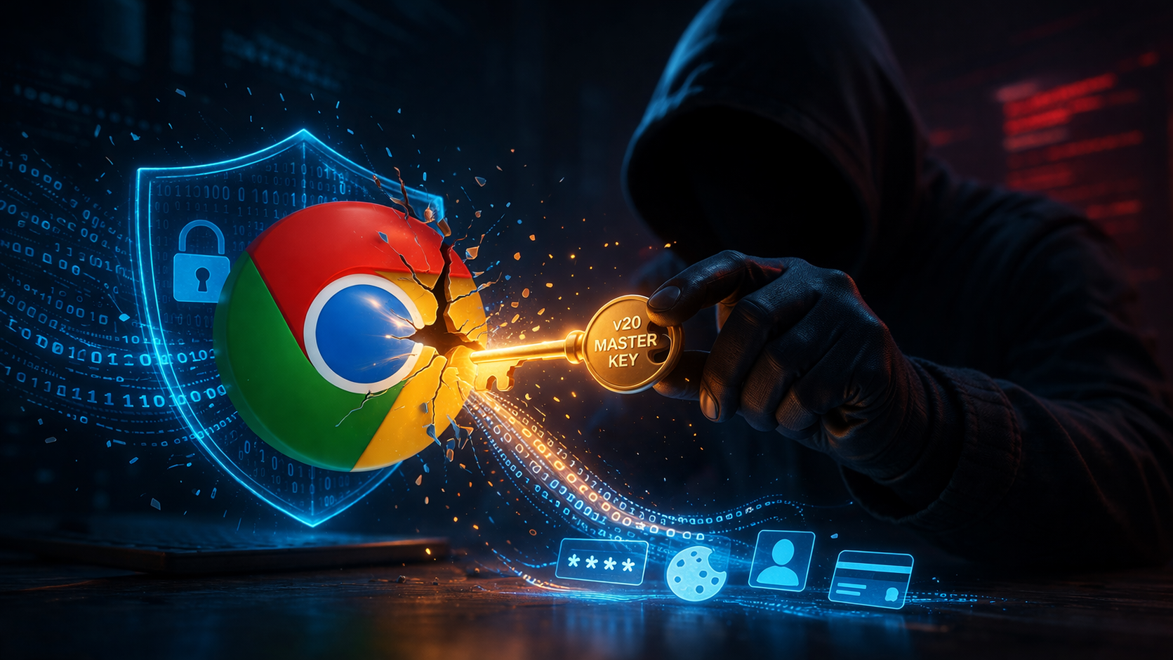 Foto gerada por inteligência artificial simulando a quebra de criptografia no google chrome.