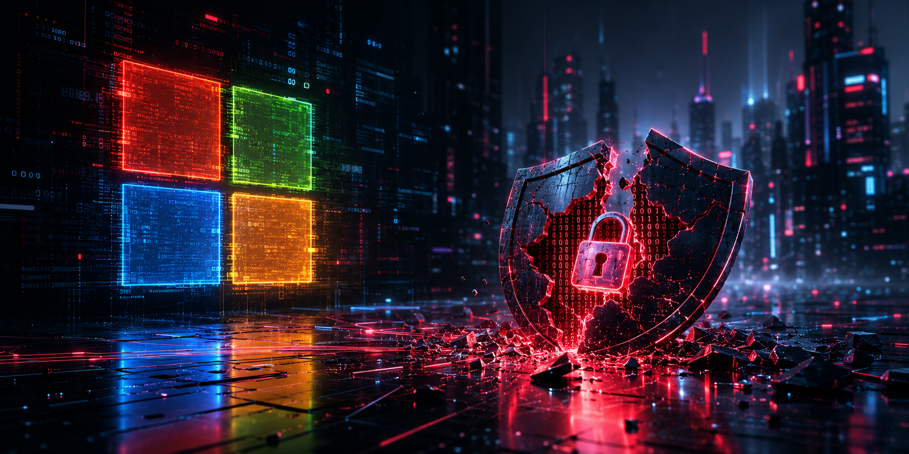Logo da Microsoft em estilo cyberpunk ao lado de um escudo digital fragmentado, representando vulnerabilidades exploradas, ransomware e riscos de segurança em empresas de inteligência artificial.
