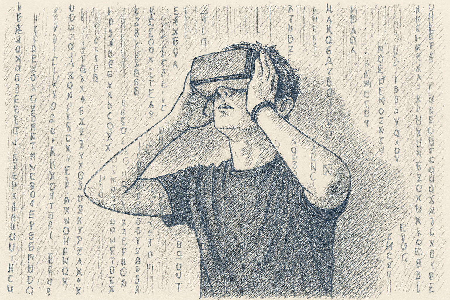 Ilustração em estilo desenho mostrando um jovem usando um óculos de realidade virtual, com seu corpo coberto por códigos e caracteres caindo em estilo digital, representando imersão tecnológica e vigilância cibernética.