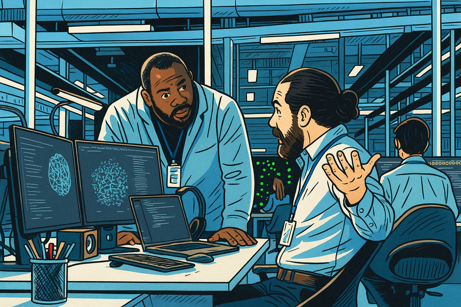 Ilustração colorida de profissionais de TI discutindo segurança em um ambiente corporativo.