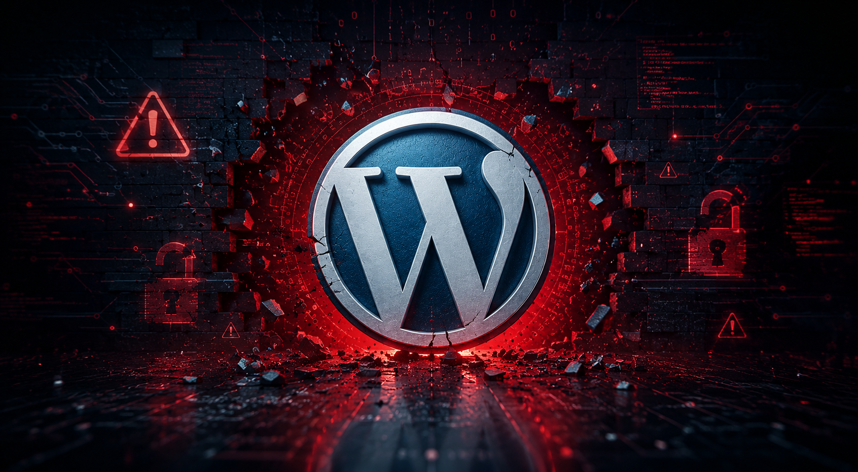 Logo do WordPress rachado em ambiente digital escuro, representando a vulnerabilidade crítica WP2Shell.