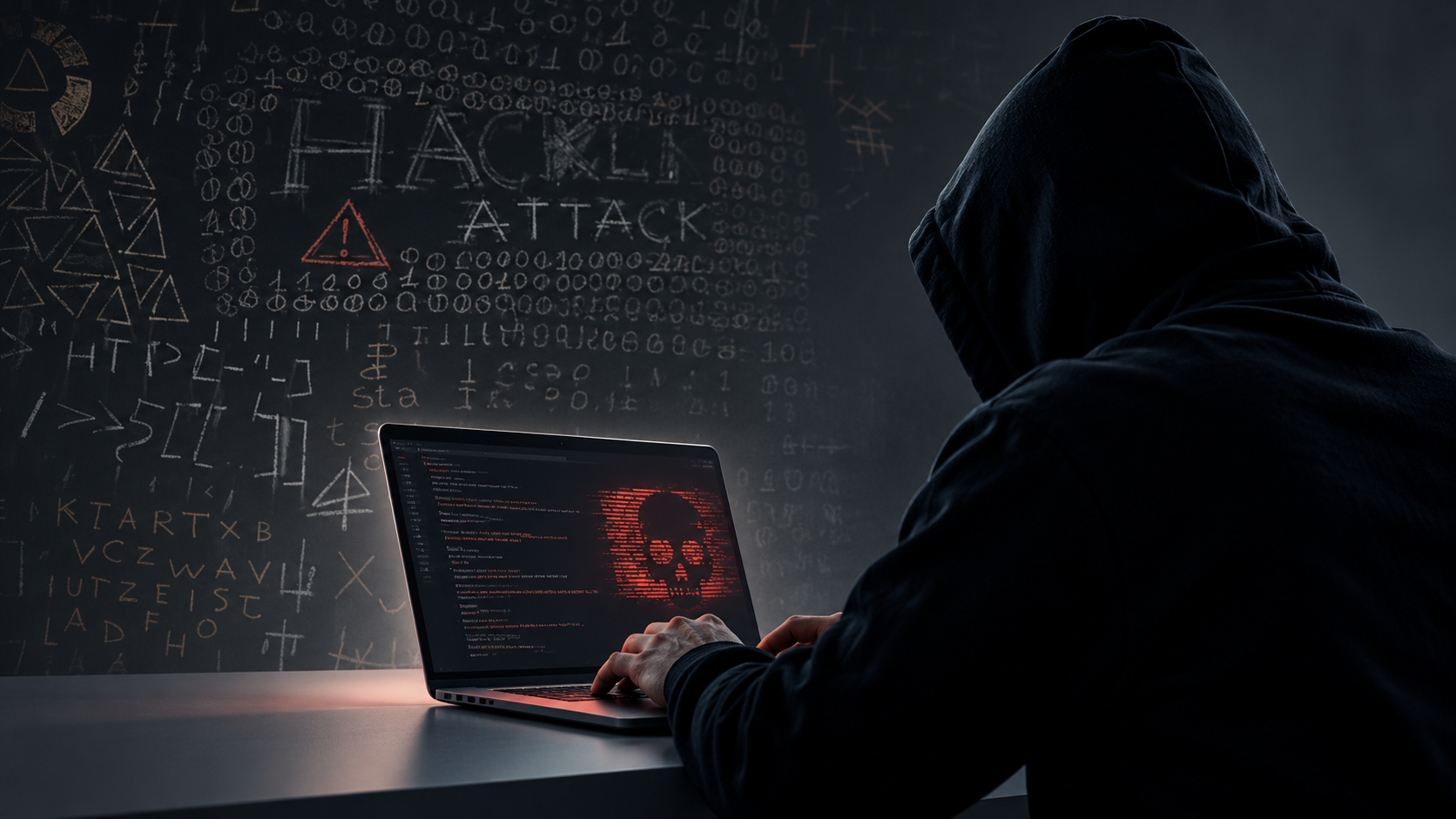 Hacker encapuzado utiliza inteligência artificial em um notebook para realizar ataques cibernéticos, com códigos e símbolos digitais ao fundo.